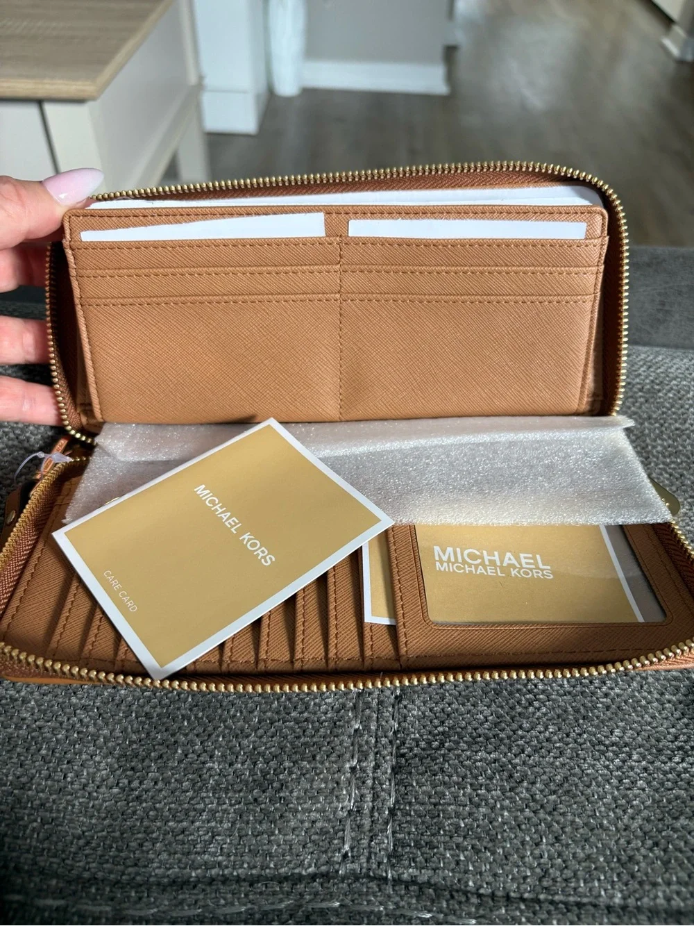 Michael Kors Blue Jean Signature Wristlet with Tan Trim and Gold Plate